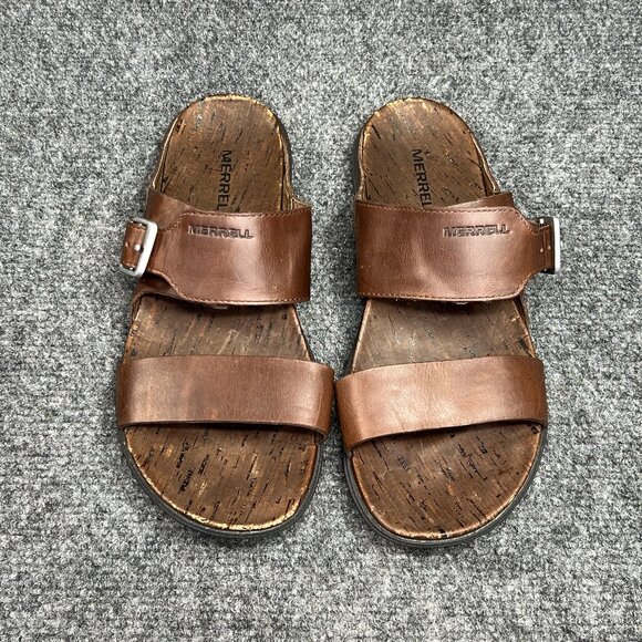 Merrell Around Town Buckle Sandals Womens Size 7 Brown Leather Cork Summer Slide - Picture 3 of 11
